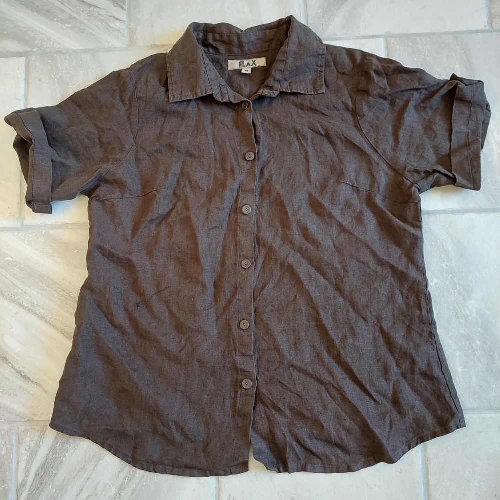 Flax Brown Button-Up Shirt Medium 100% Linen